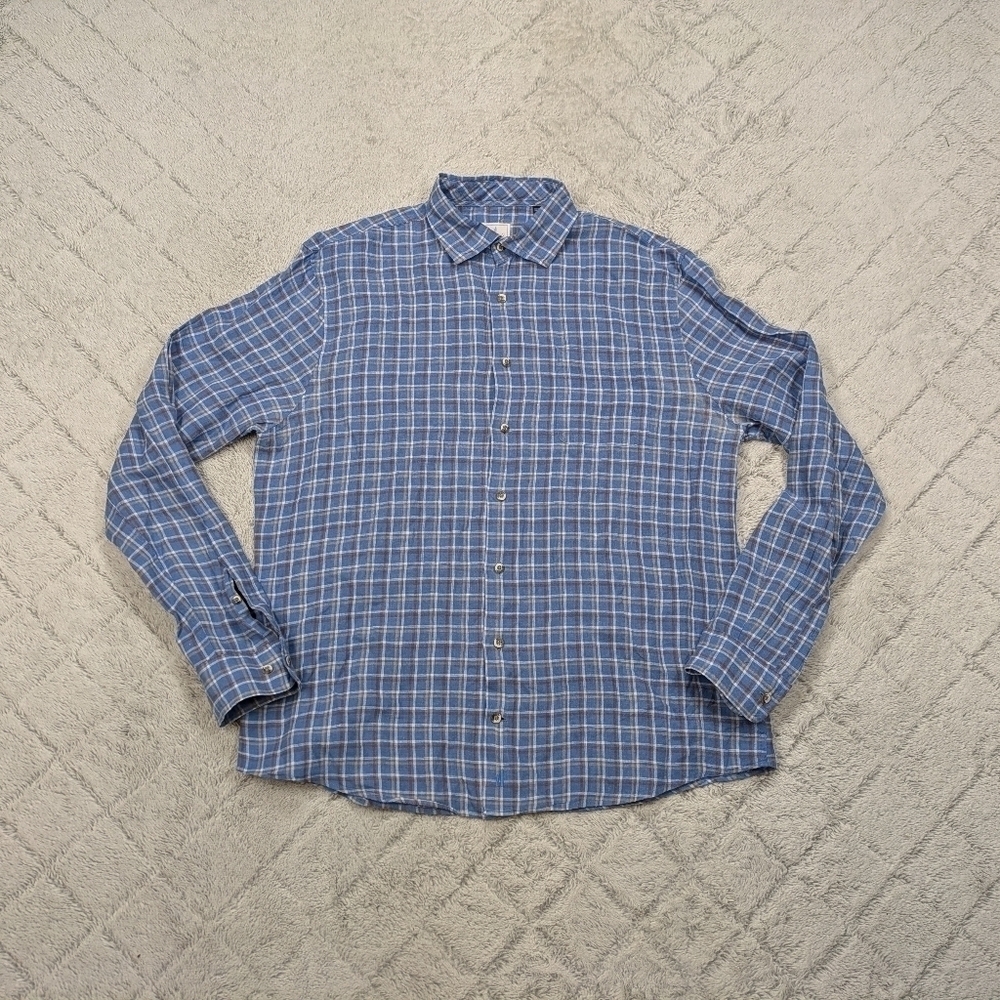 Johnnie-O Shirt Men's L Blue Check Linen Omar Button Up Long Sleeve Light Wake